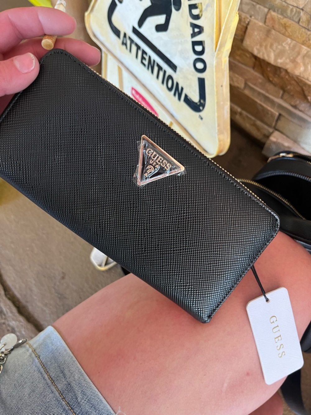 Guess Black Textured Zip-Around Wallet with Silver Logo